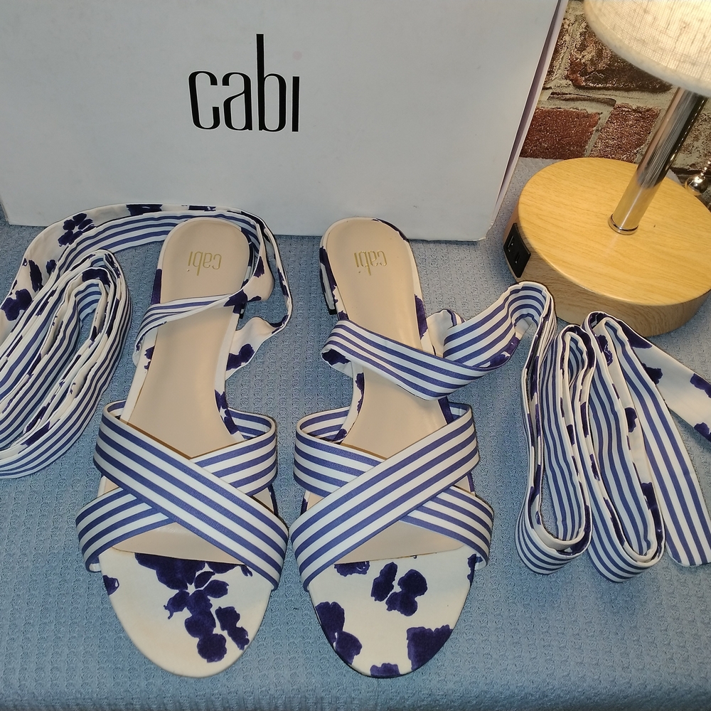 NWT CAbi Blue & White Striped Floral Wrap Sandals